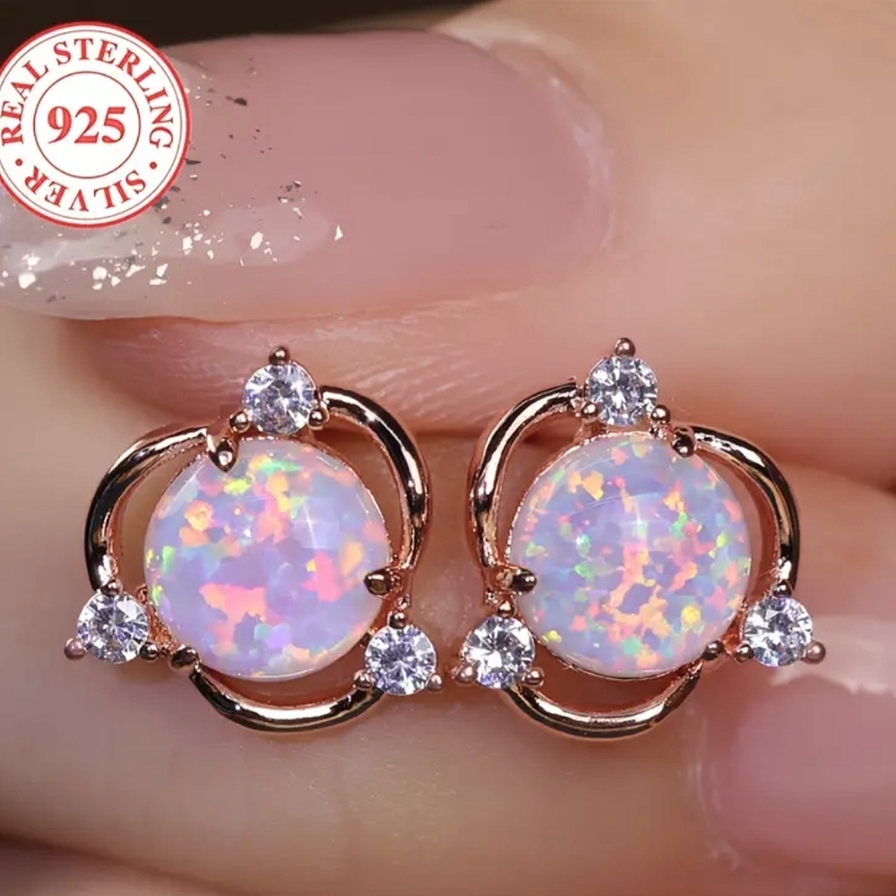 Rose Gold Opal & CZs Earrings